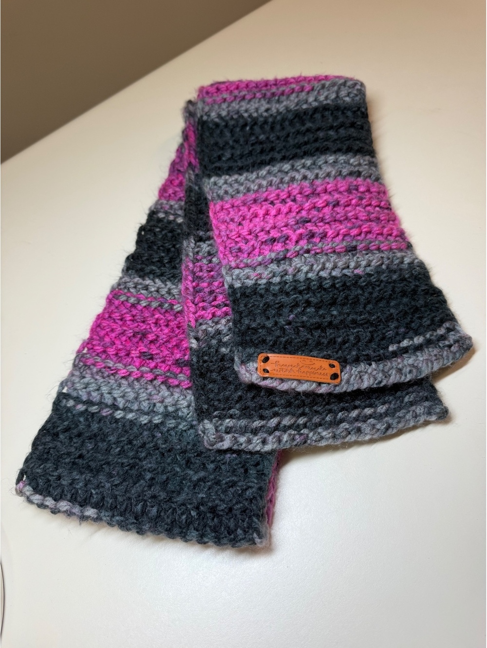 Handmade Striped Knit Scarf in Pink, Gray, and Black